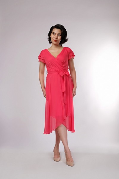 Triple Layer Sleeve V-Neck Wrap Midi in Melon