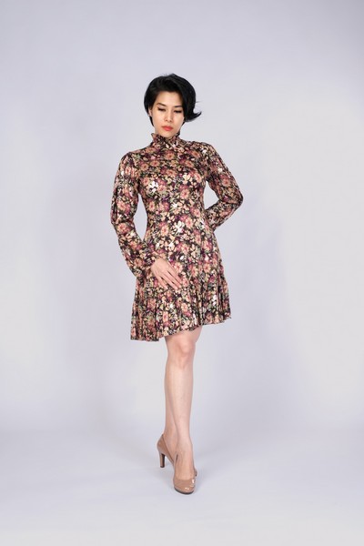 Ruffle Trimmed Floral Print Satin Jacquard Mini Dress